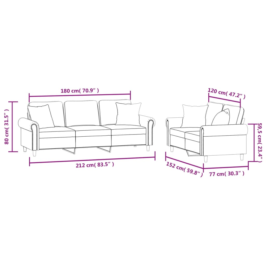 2-dijelni set sofa s jastucima krem baršunasti