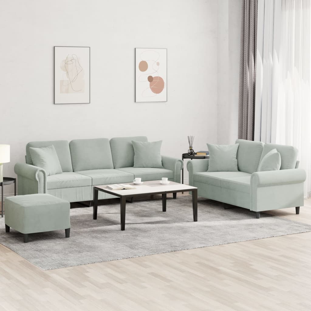 3-dijelni set sofa s jastucima svjetlosivi baršunasti