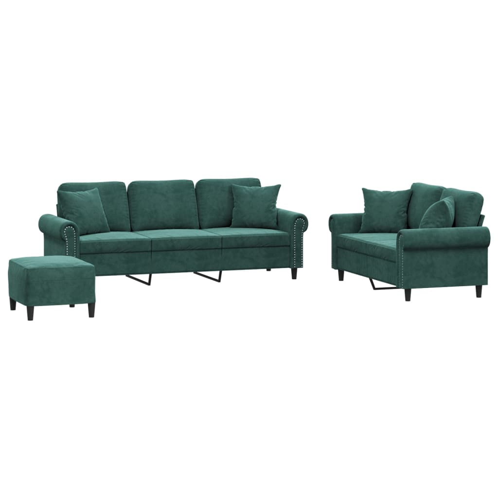 3-dijelni set sofa s jastucima tamnozeleni baršunasti