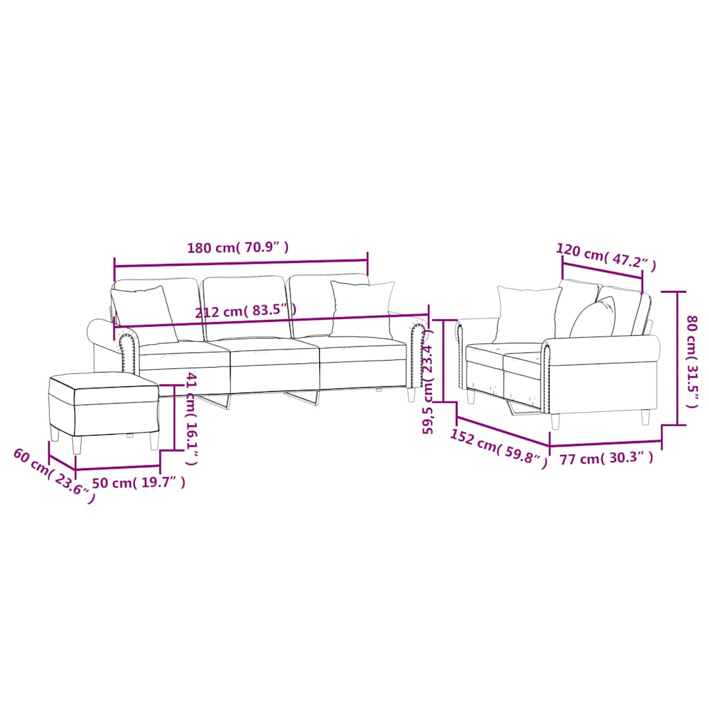 3-dijelni set sofa s jastucima crvena boja vina baršunasti