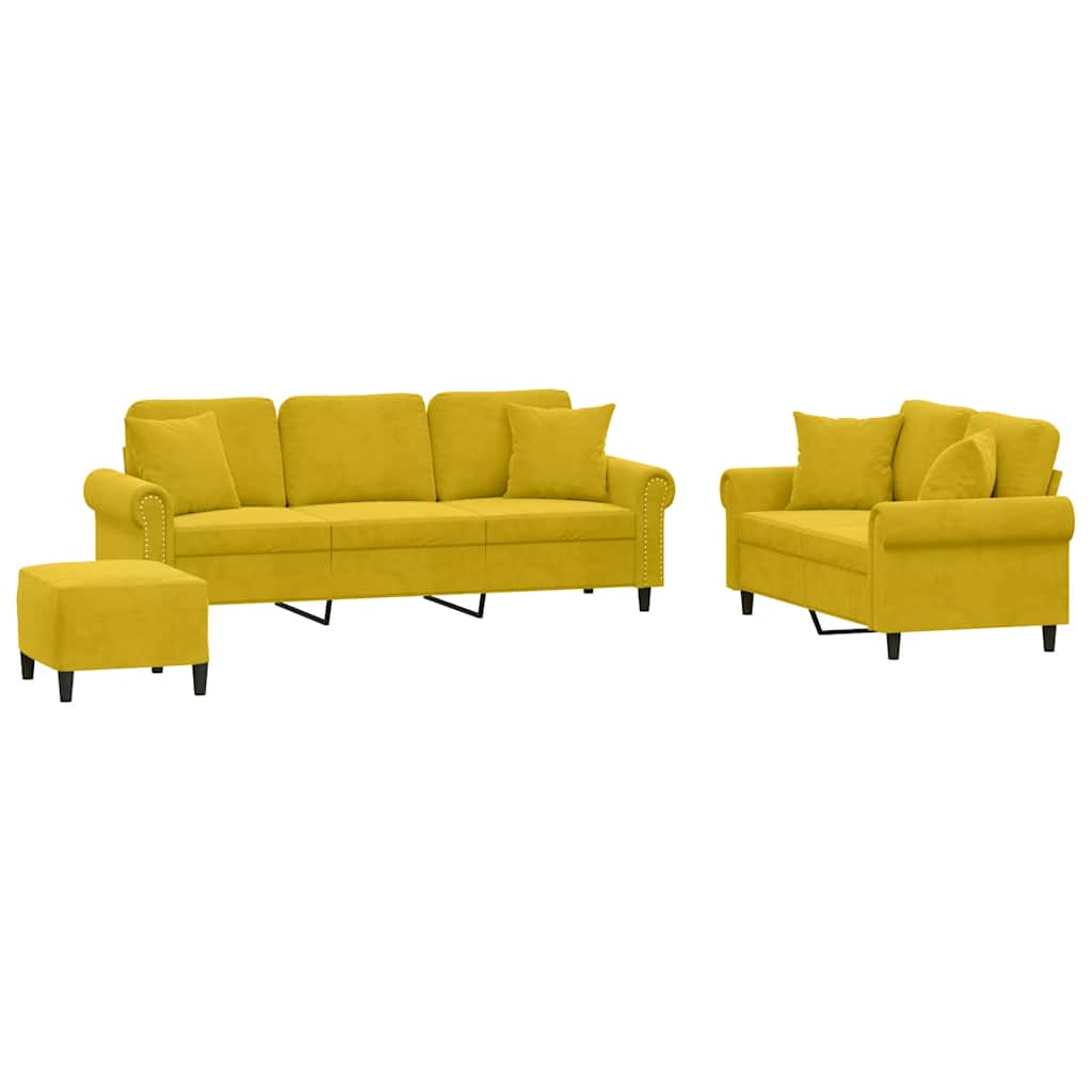 3-dijelni set sofa s jastucima žuti baršunasti