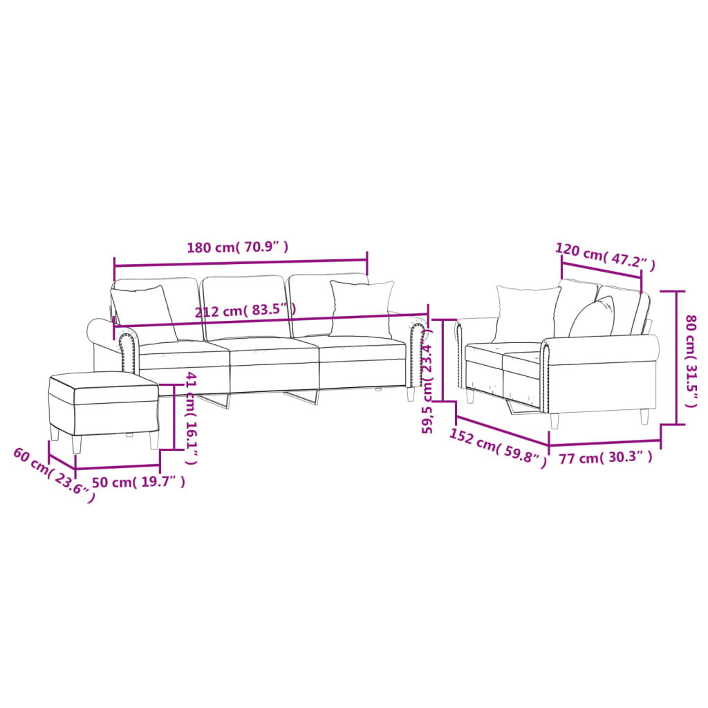 3-dijelni set sofa s jastucima krem baršunasti