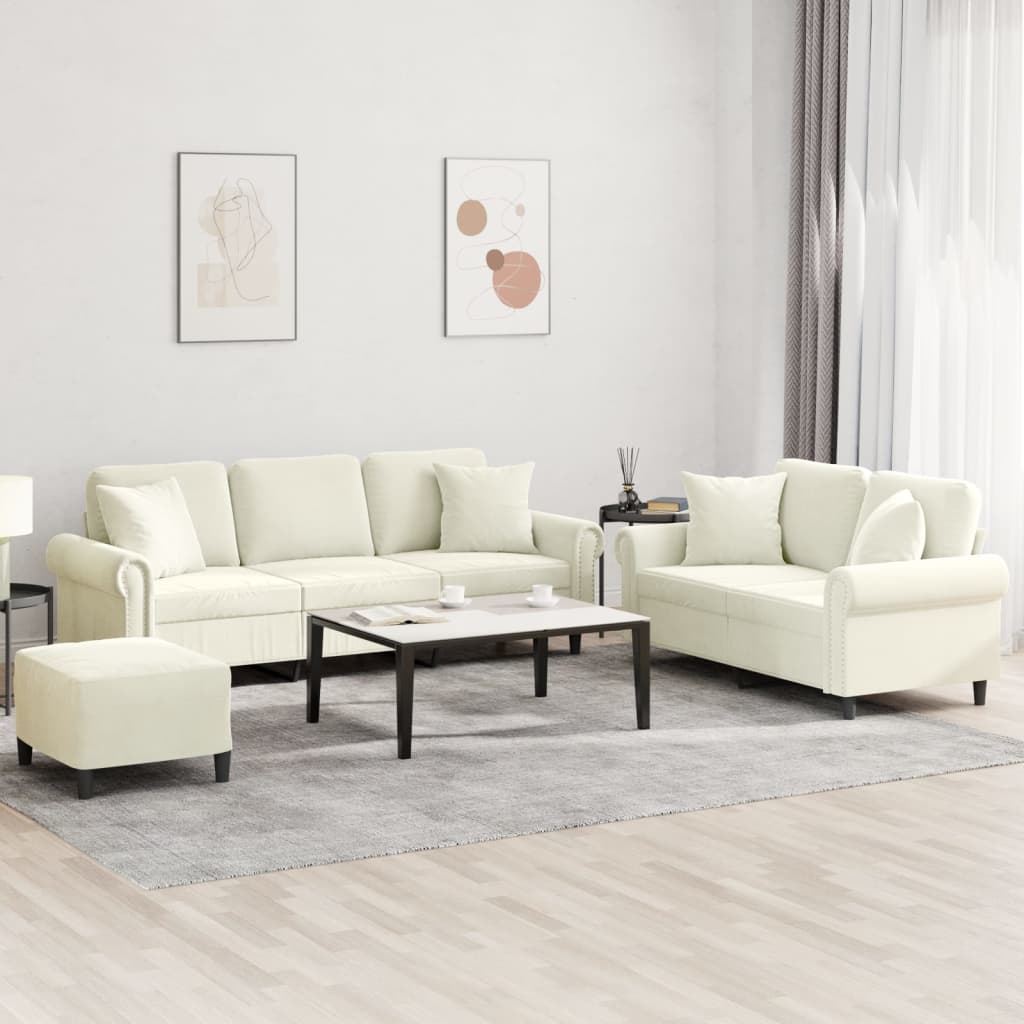 3-dijelni set sofa s jastucima krem baršunasti