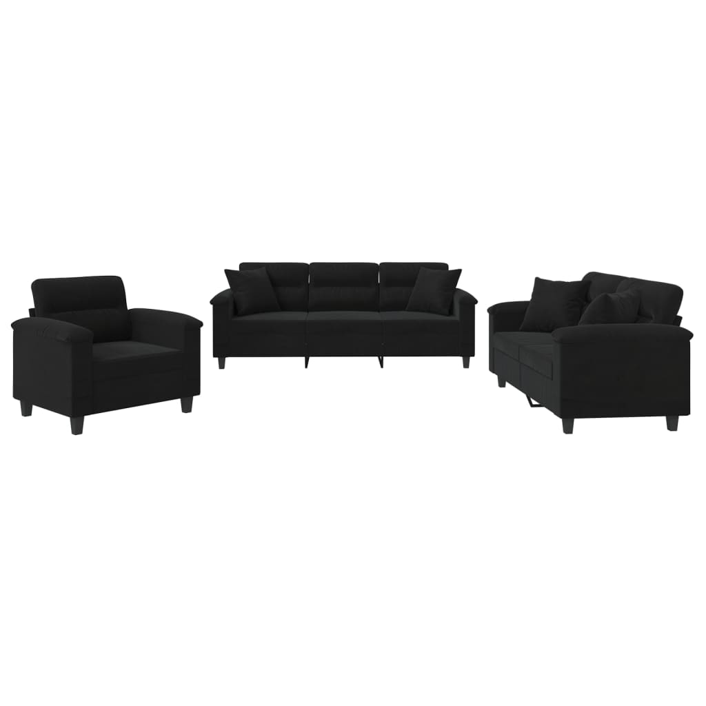 3-dijelni set sofa s jastucima crni od mikrovlakana