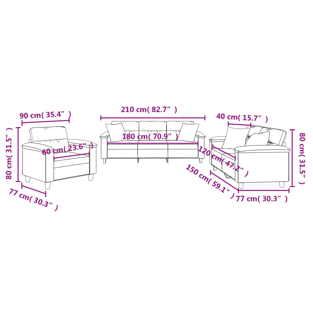 3-dijelni set sofa s jastucima crni od mikrovlakana