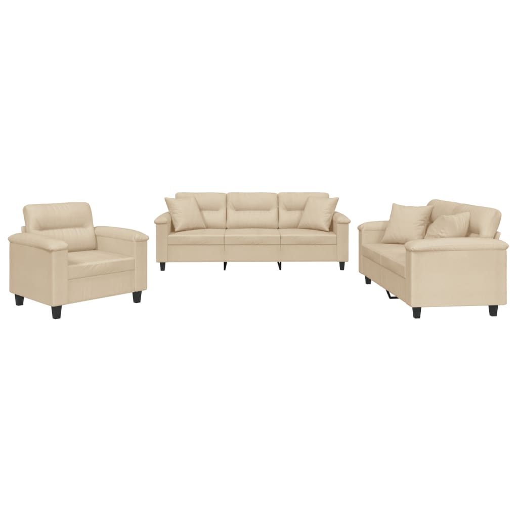 3-dijelni set sofa s jastucima krem od mikrovlakana