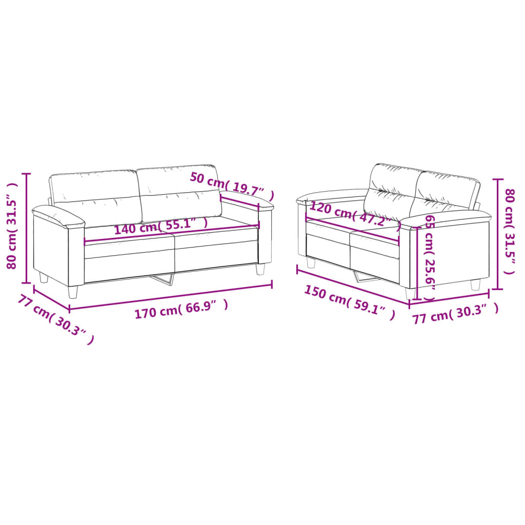2-dijelni set sofa s jastucima crni od mikrovlakana