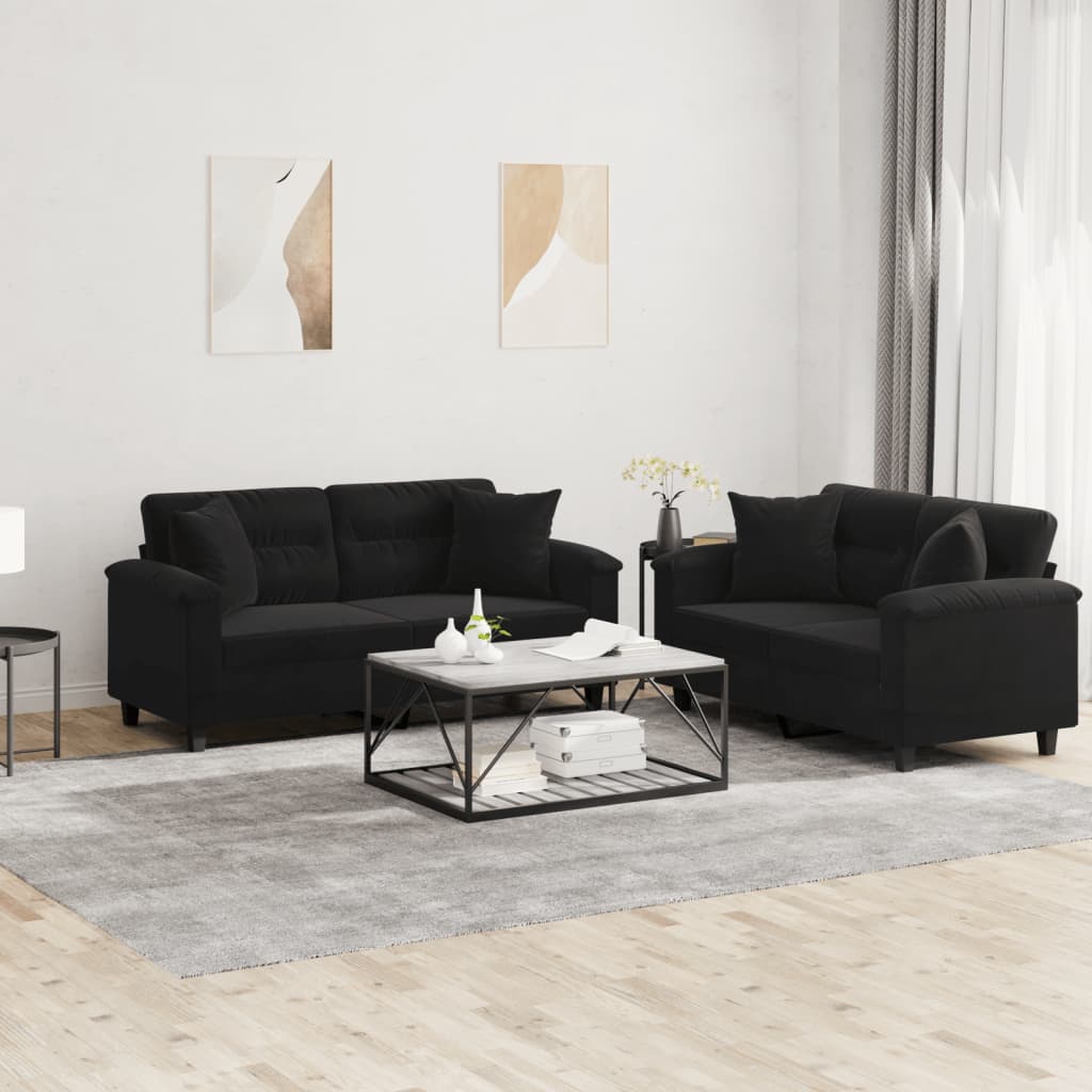 2-dijelni set sofa s jastucima crni od mikrovlakana