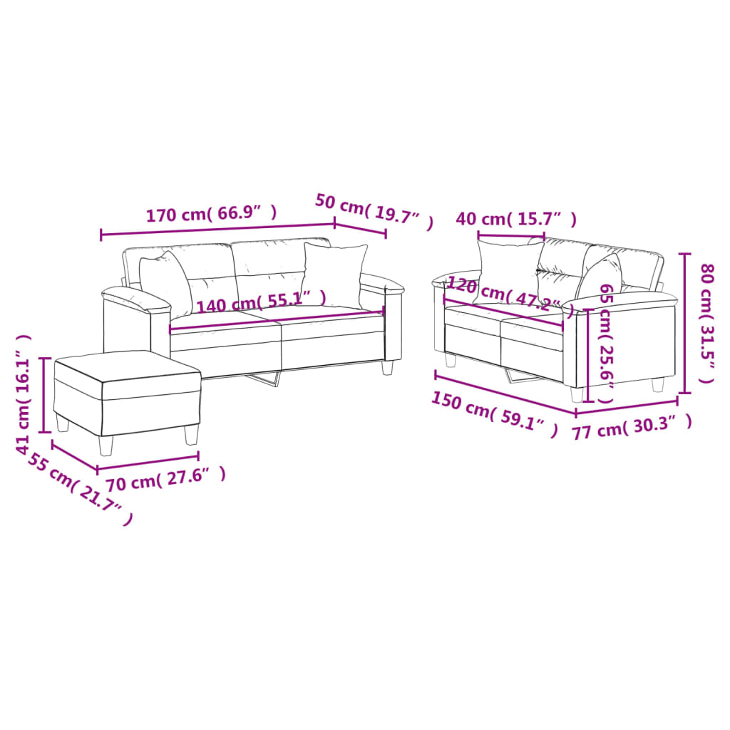3-dijelni set sofa s jastucima smeđesivi od mikrovlakana