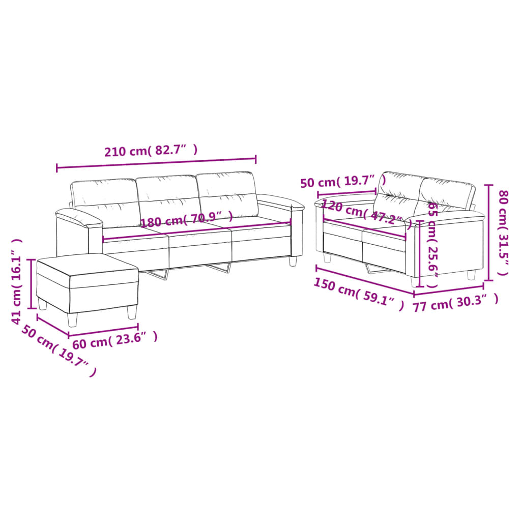 3-dijelni set sofa s jastucima krem od mikrovlakana