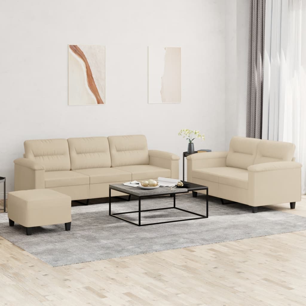 3-dijelni set sofa s jastucima krem od mikrovlakana