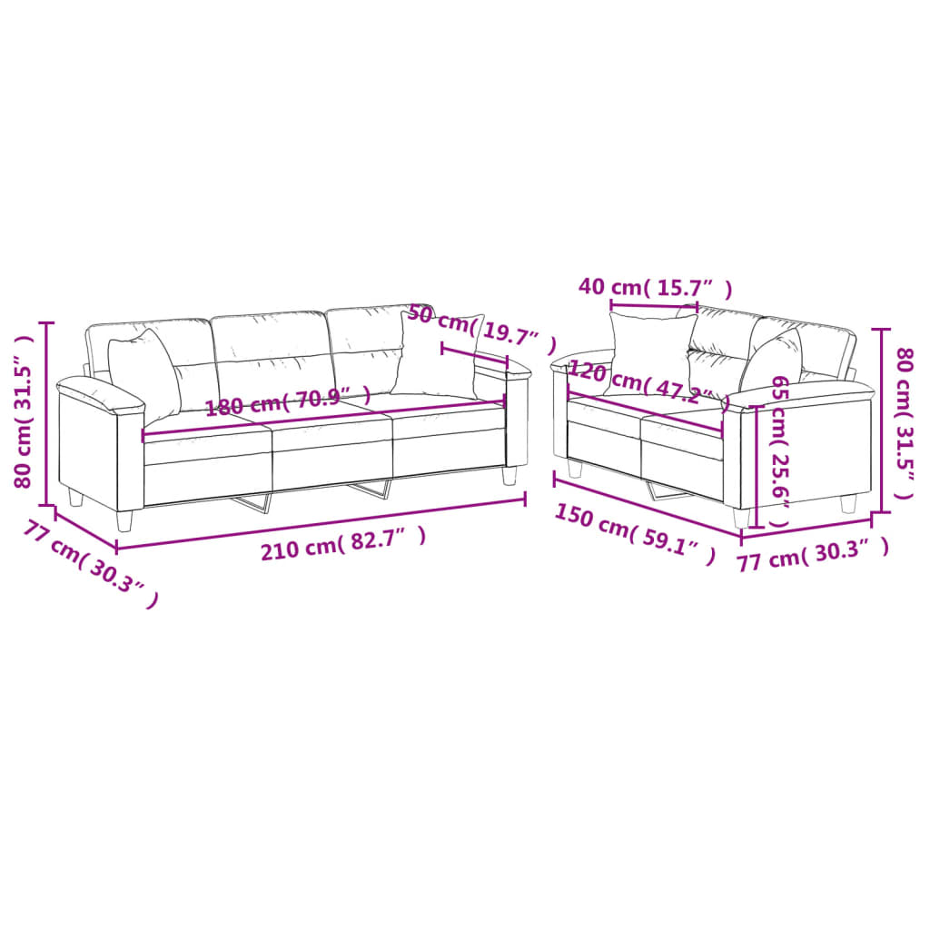 2-dijelni set sofa s jastucima crni od mikrovlakana