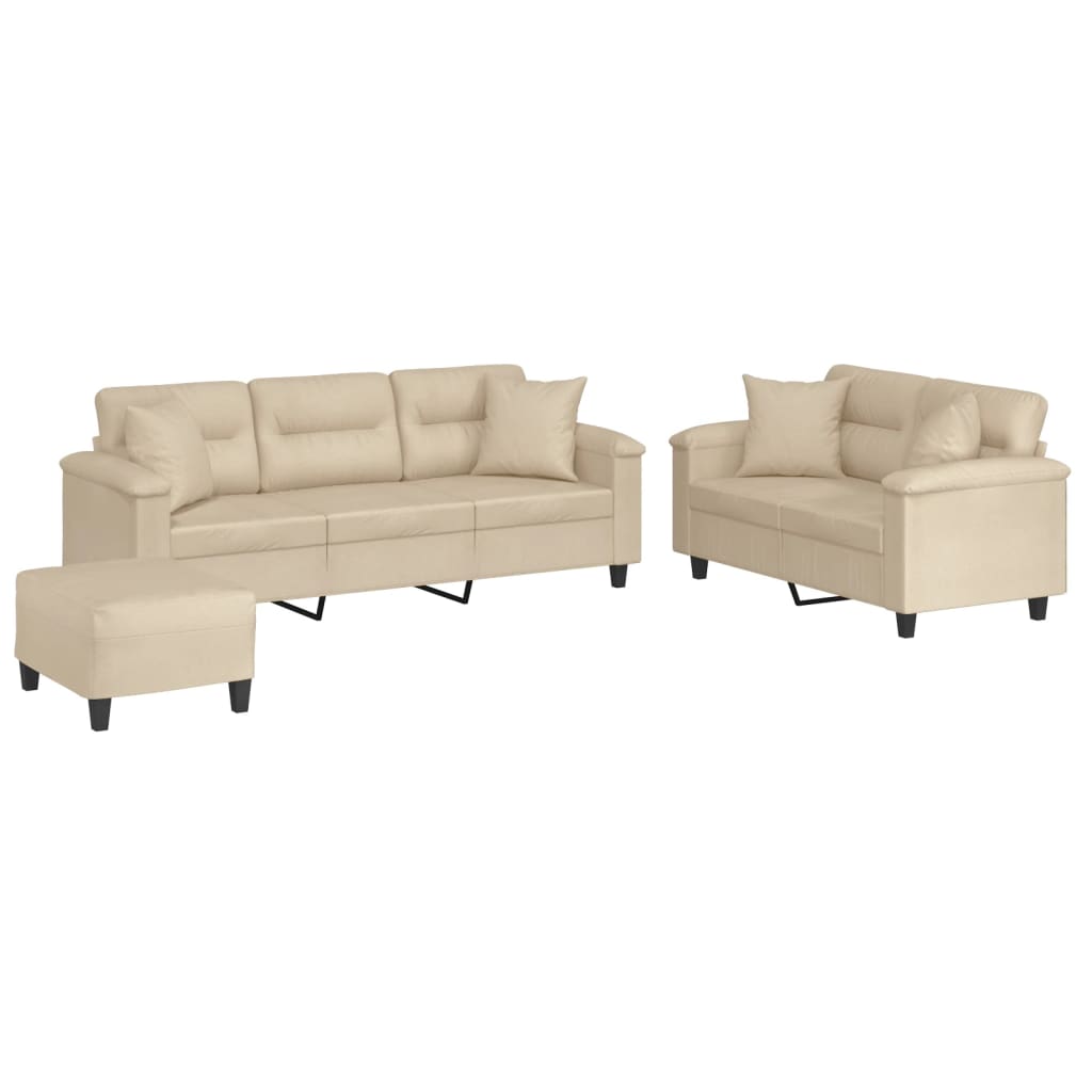 3-dijelni set sofa s jastucima krem od mikrovlakana