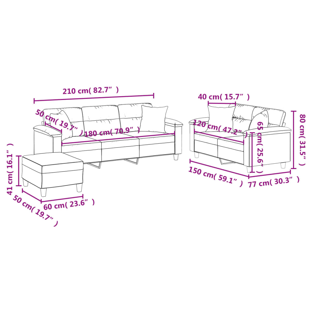 3-dijelni set sofa s jastucima krem od mikrovlakana
