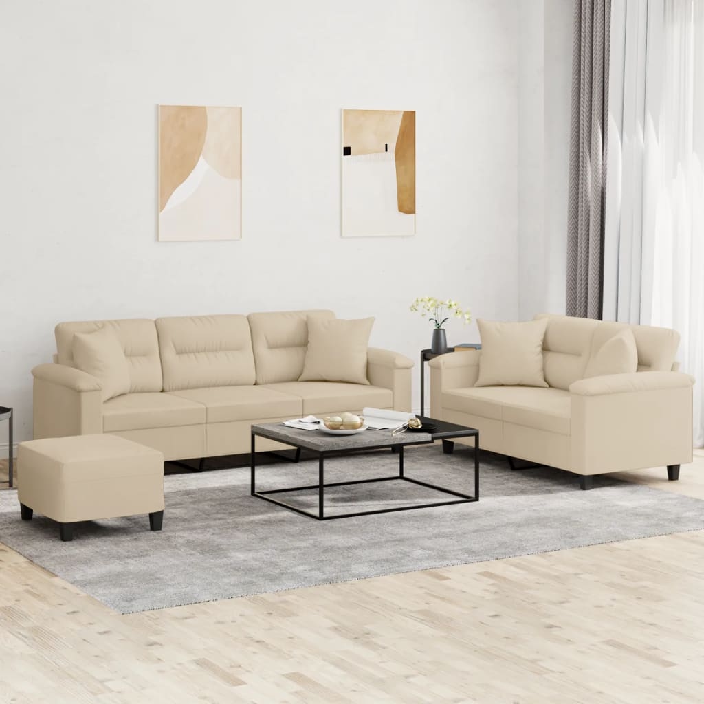 3-dijelni set sofa s jastucima krem od mikrovlakana