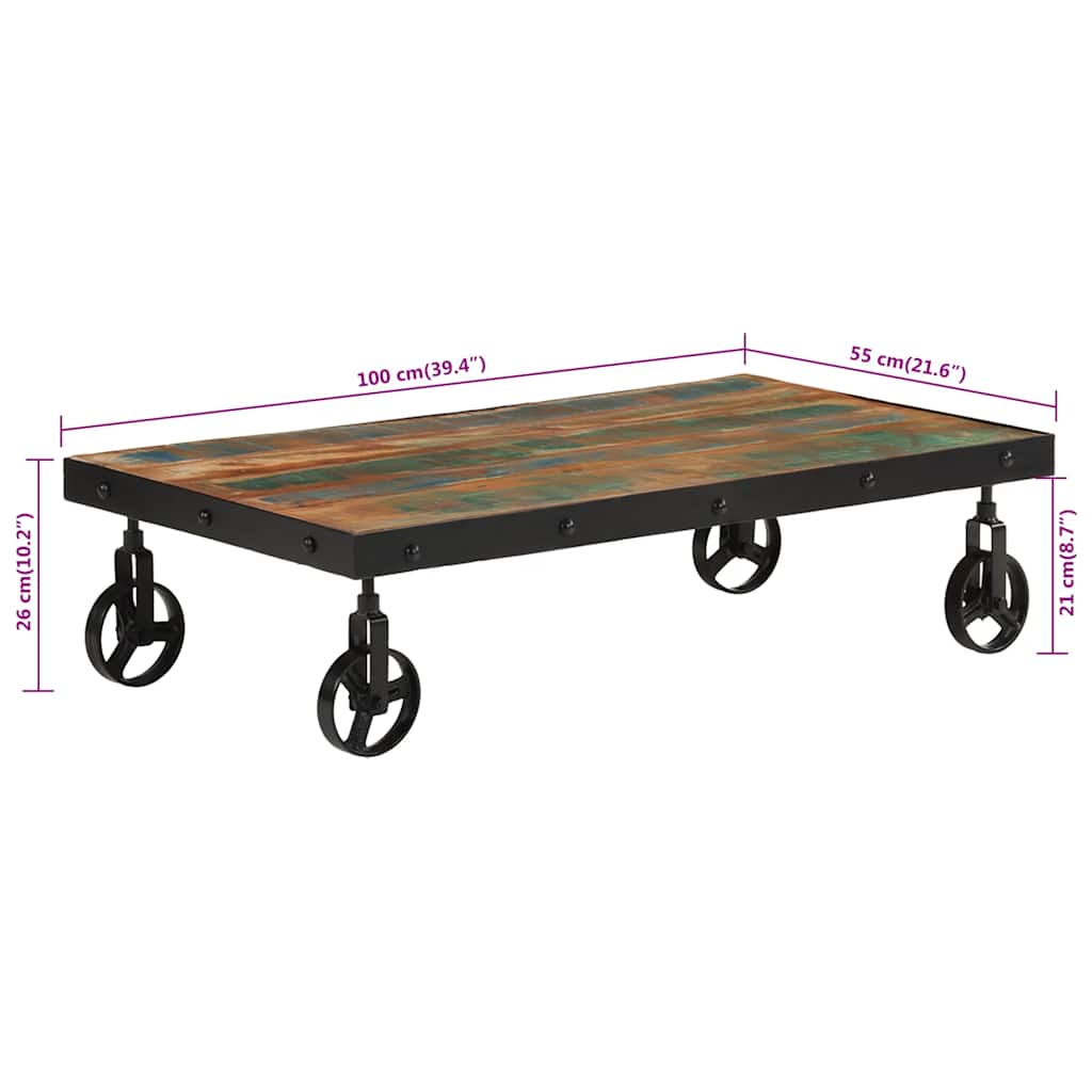 Stolić za kavu s kotačima 100x55x26 cm masivno obnovljeno drvo