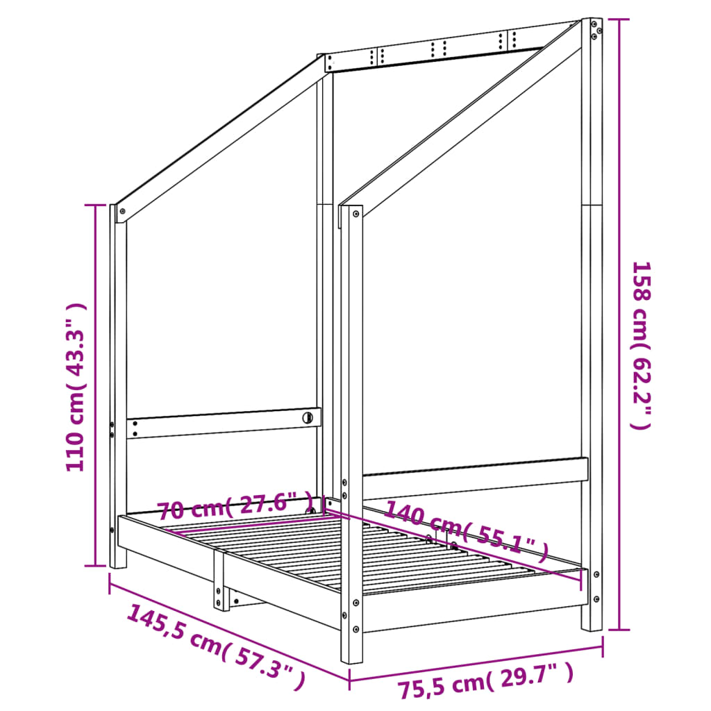 Okvir za dječji krevet 70 x 140 cm od masivne borovine