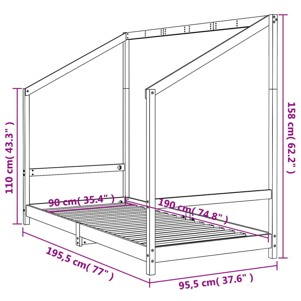 Okvir za dječji krevet crni 90 x 190 cm od masivne borovine