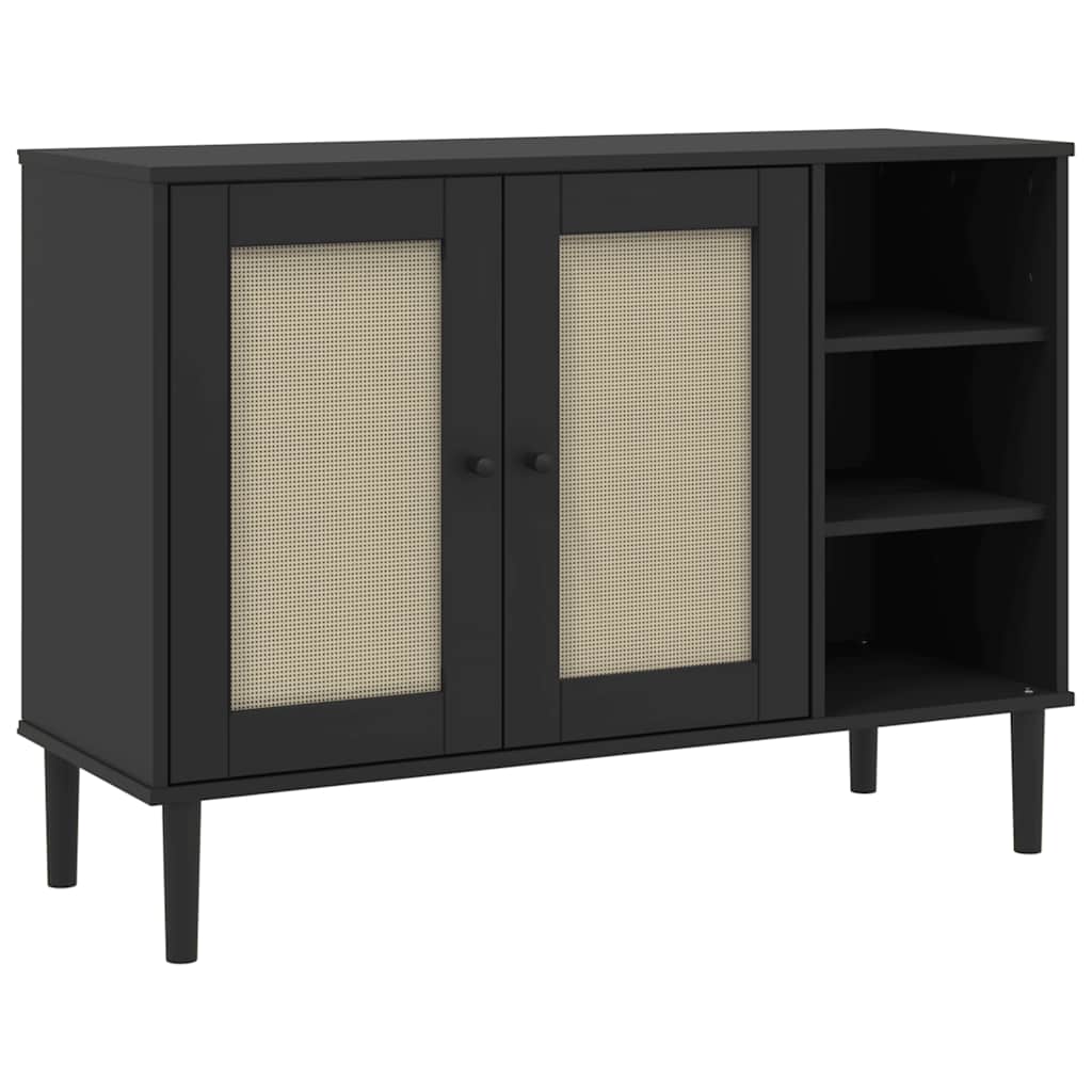 Komoda SENJA crna izgled ratana 112x40x80 cm masivna borovina