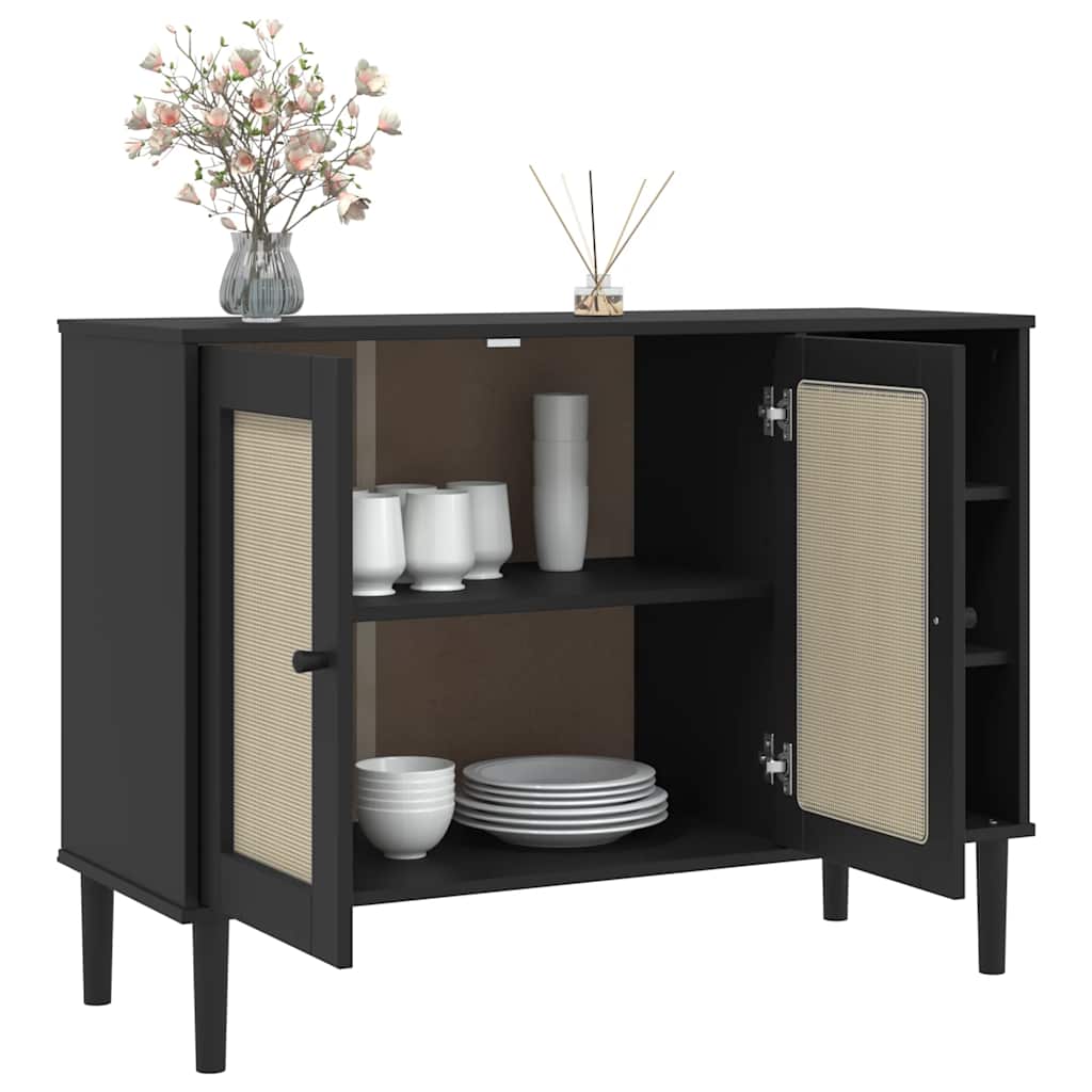 Komoda SENJA crna izgled ratana 112x40x80 cm masivna borovina
