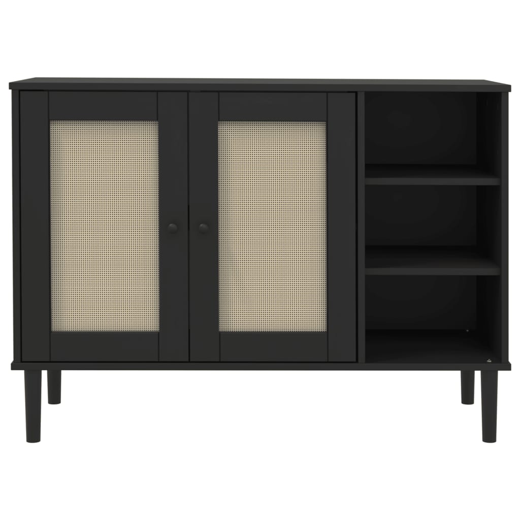 Komoda SENJA crna izgled ratana 112x40x80 cm masivna borovina