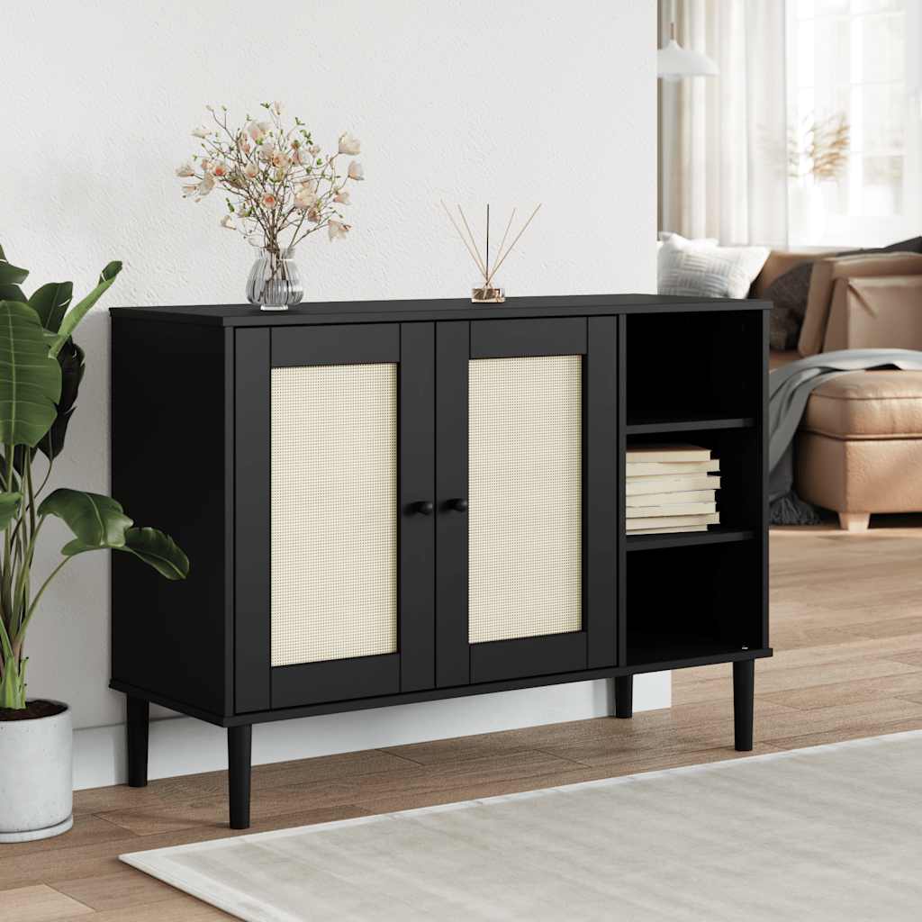 Komoda SENJA crna izgled ratana 112x40x80 cm masivna borovina