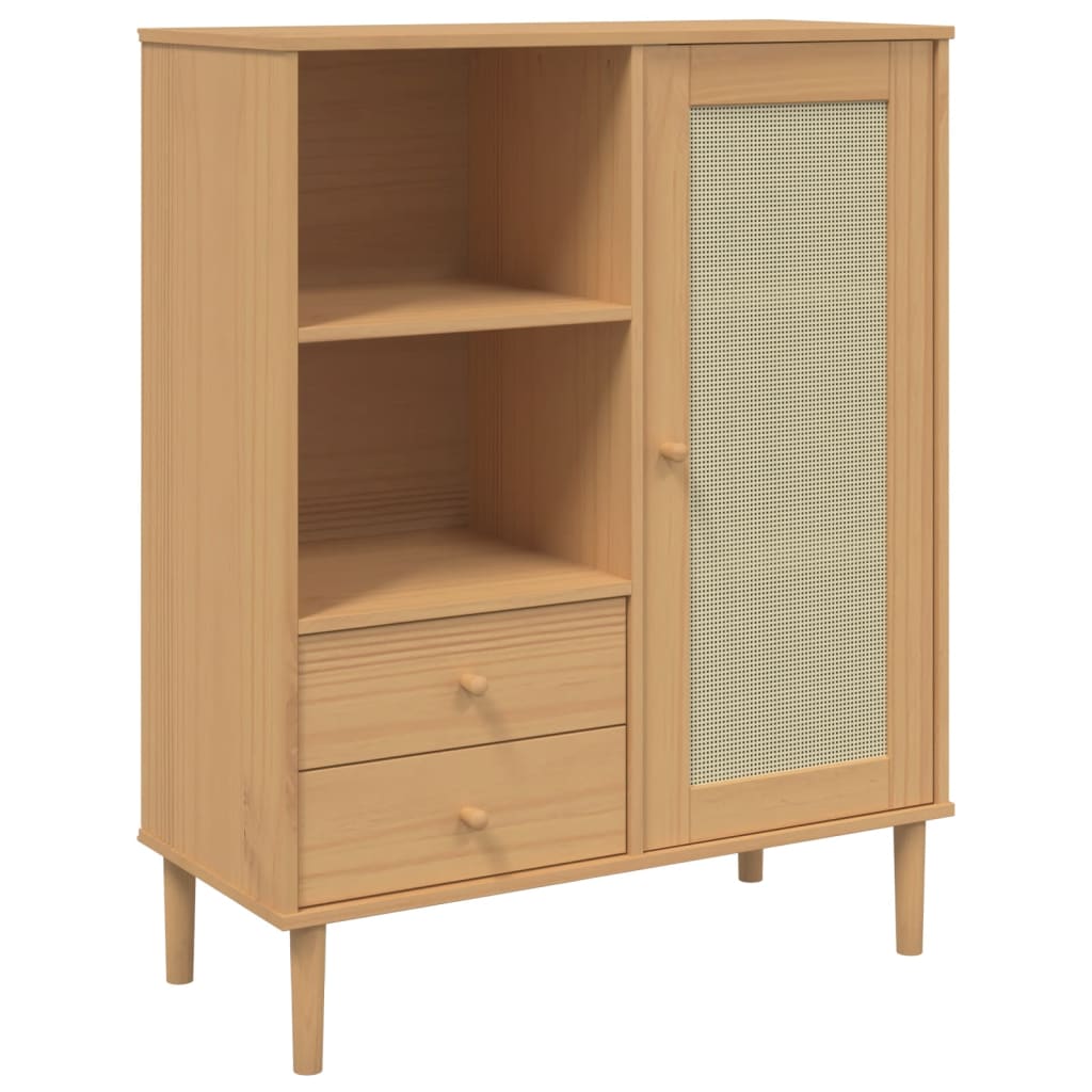 Visoka komoda SENJA smeđa izgled ratana 90x40x112 cm borovina