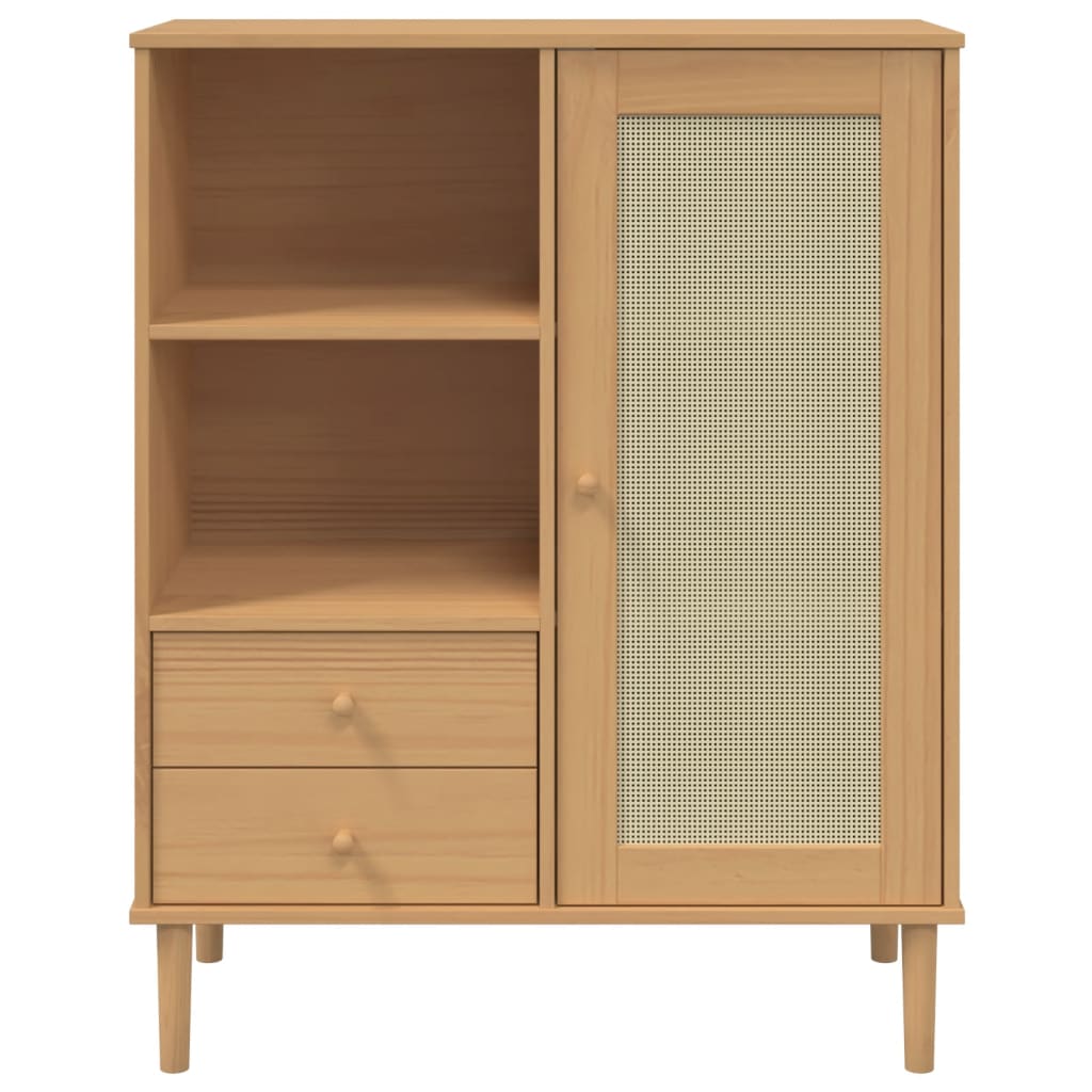 Visoka komoda SENJA smeđa izgled ratana 90x40x112 cm borovina