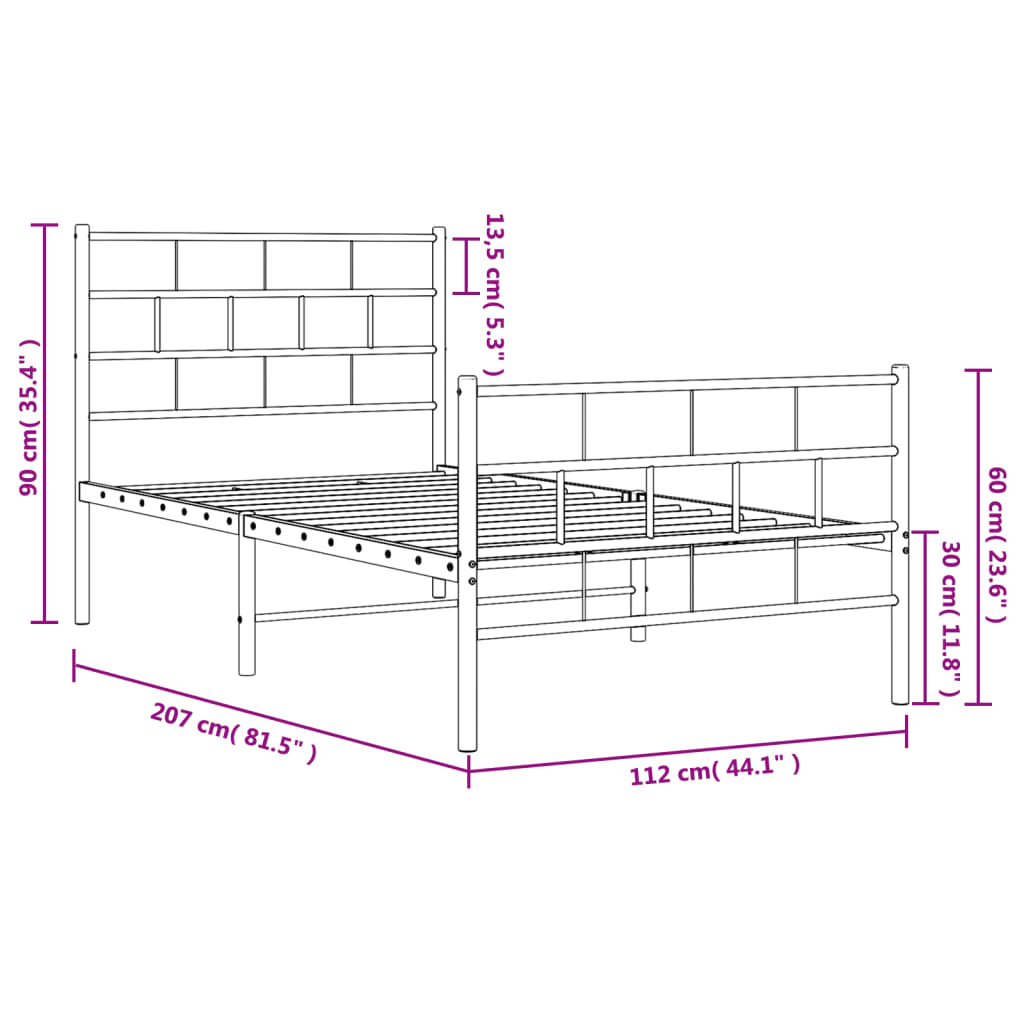 Metalni okvir kreveta uzglavlje i podnožje crni 107x203 cm