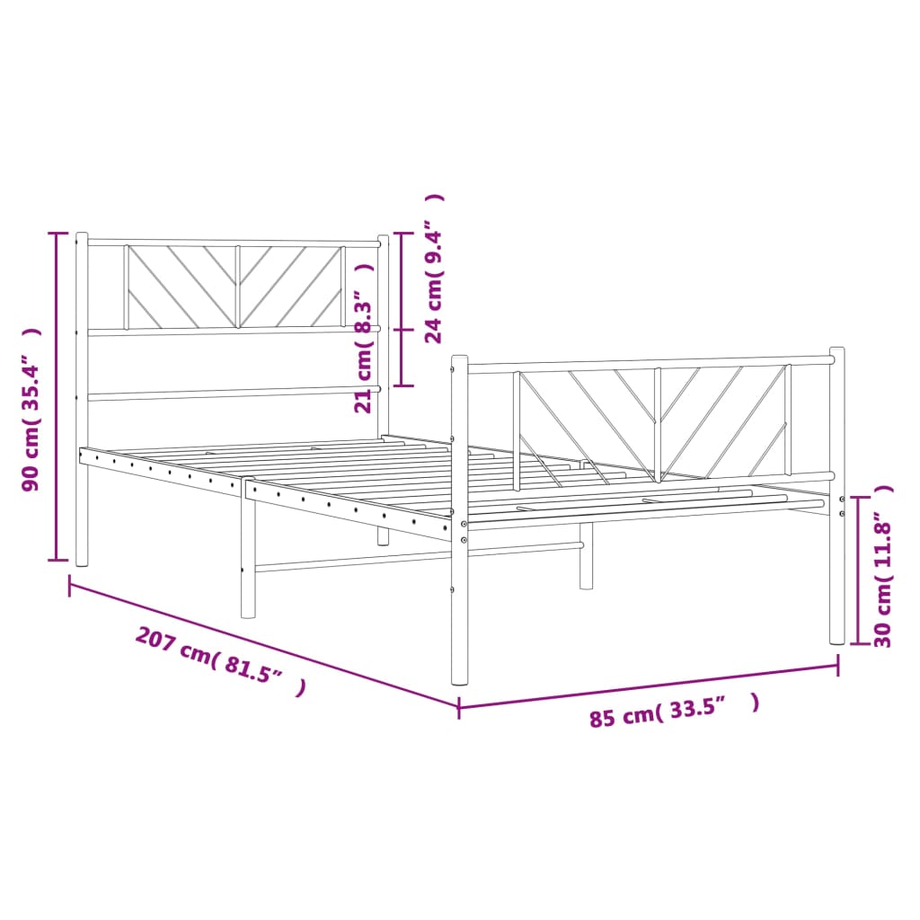 Metalni okvir kreveta uzglavlje i podnožje crni 80x200 cm