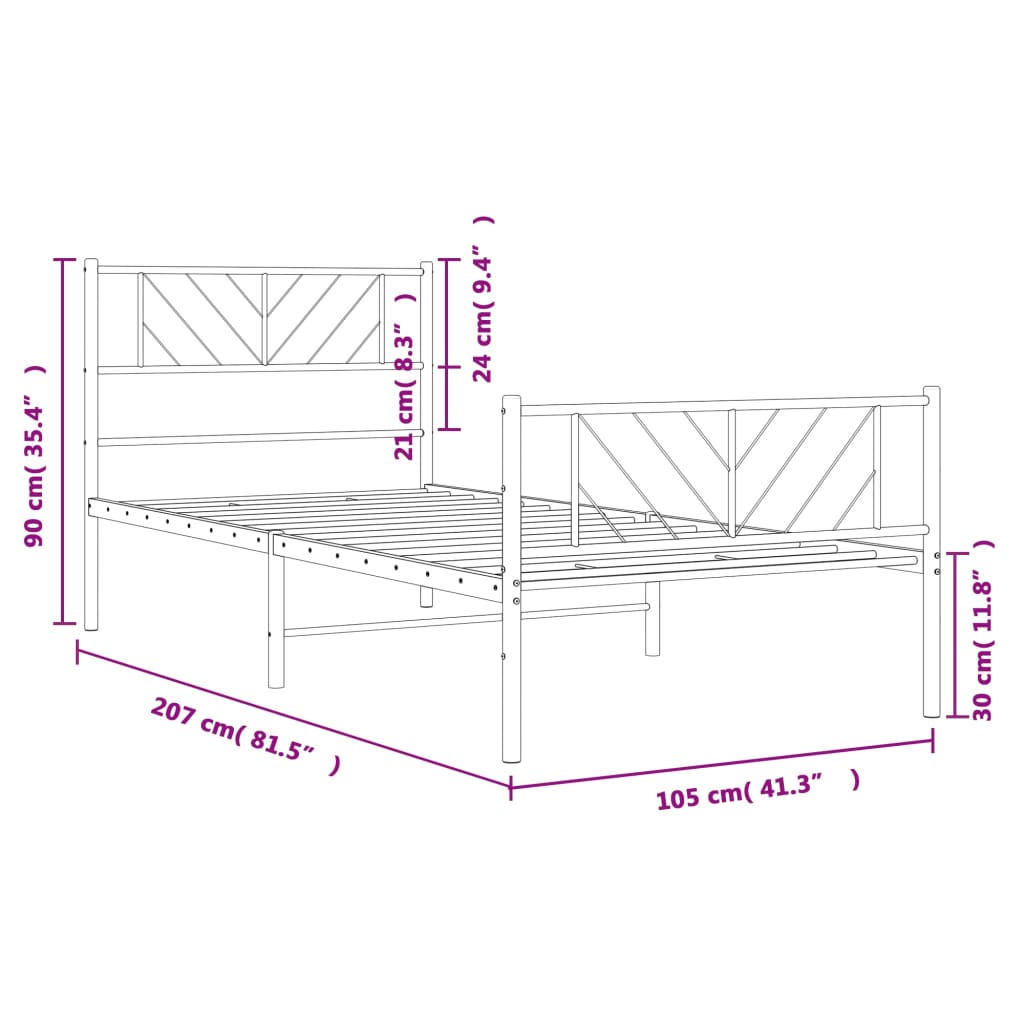 Metalni okvir kreveta uzglavlje i podnožje crni 100x200 cm