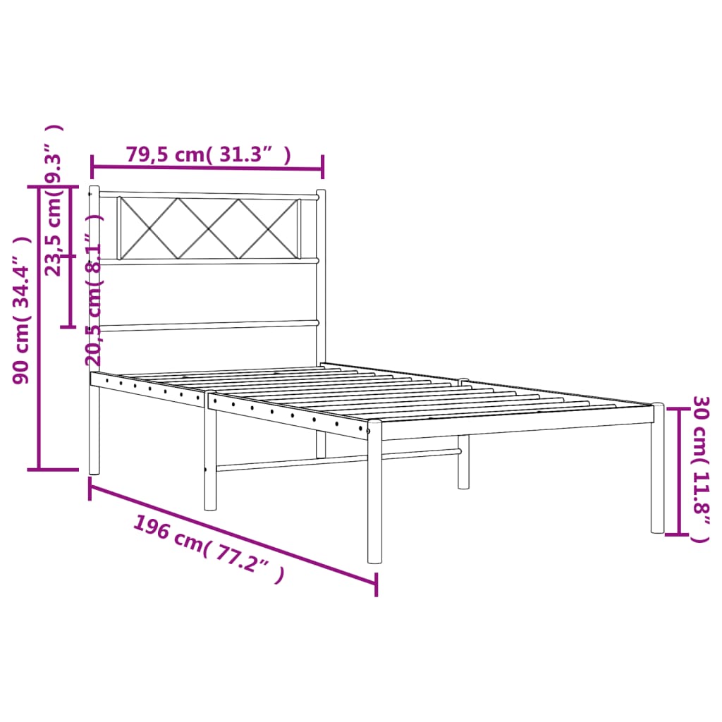 Metalni okvir za krevet s uzglavljem crni 75x190 cm