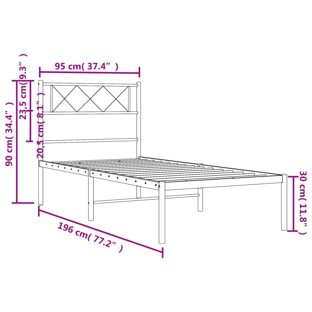 Metalni okvir za krevet s uzglavljem crni 90x190 cm