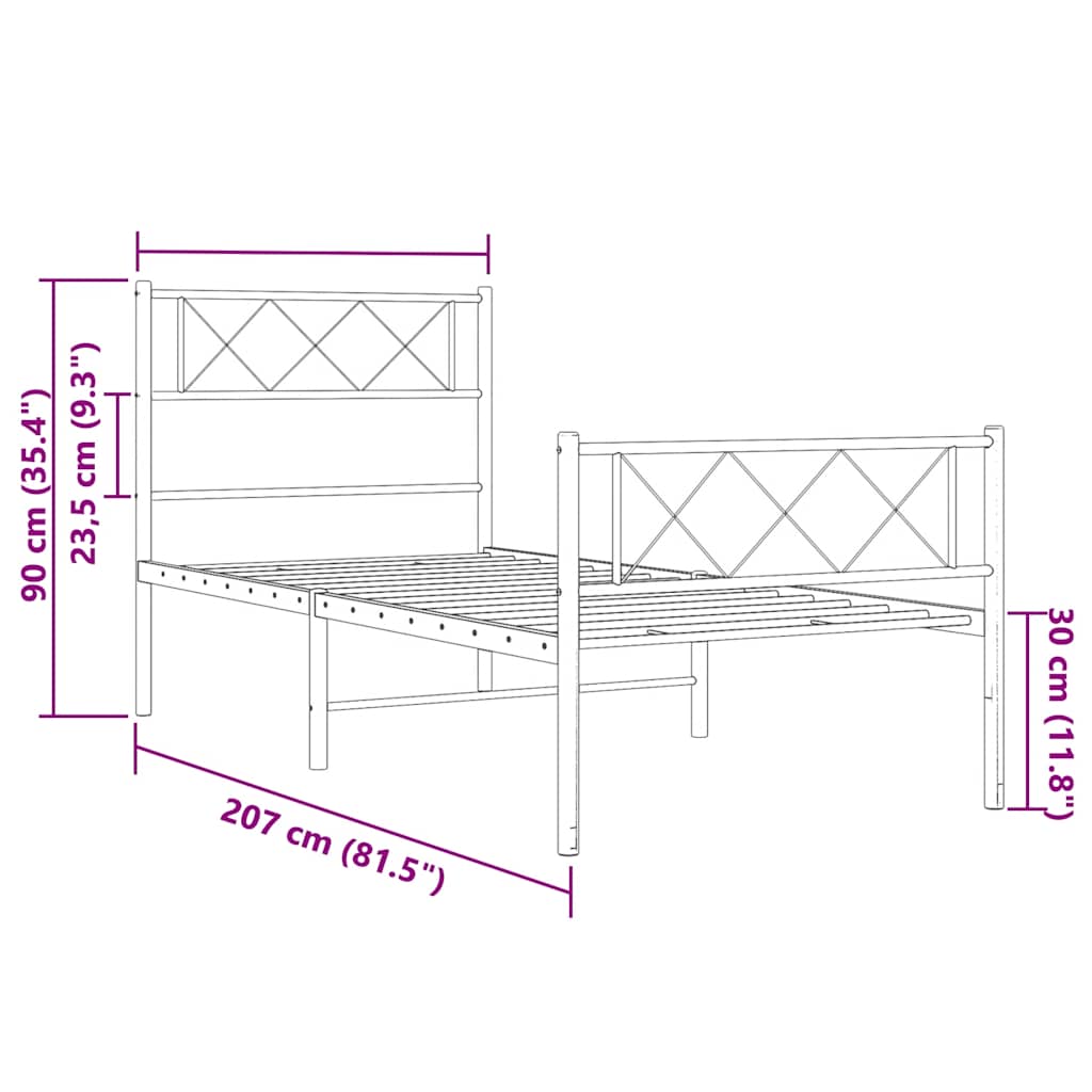 Metalni okvir kreveta uzglavlje i podnožje bijeli 100x200 cm