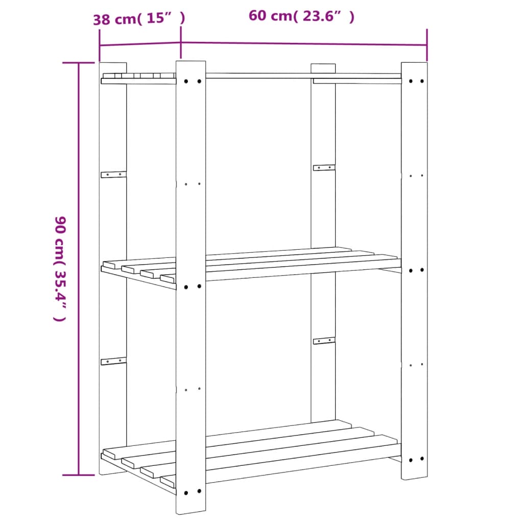 Stalak za pohranu s 3 razine smeđi 60x38x90 cm masivna borovina