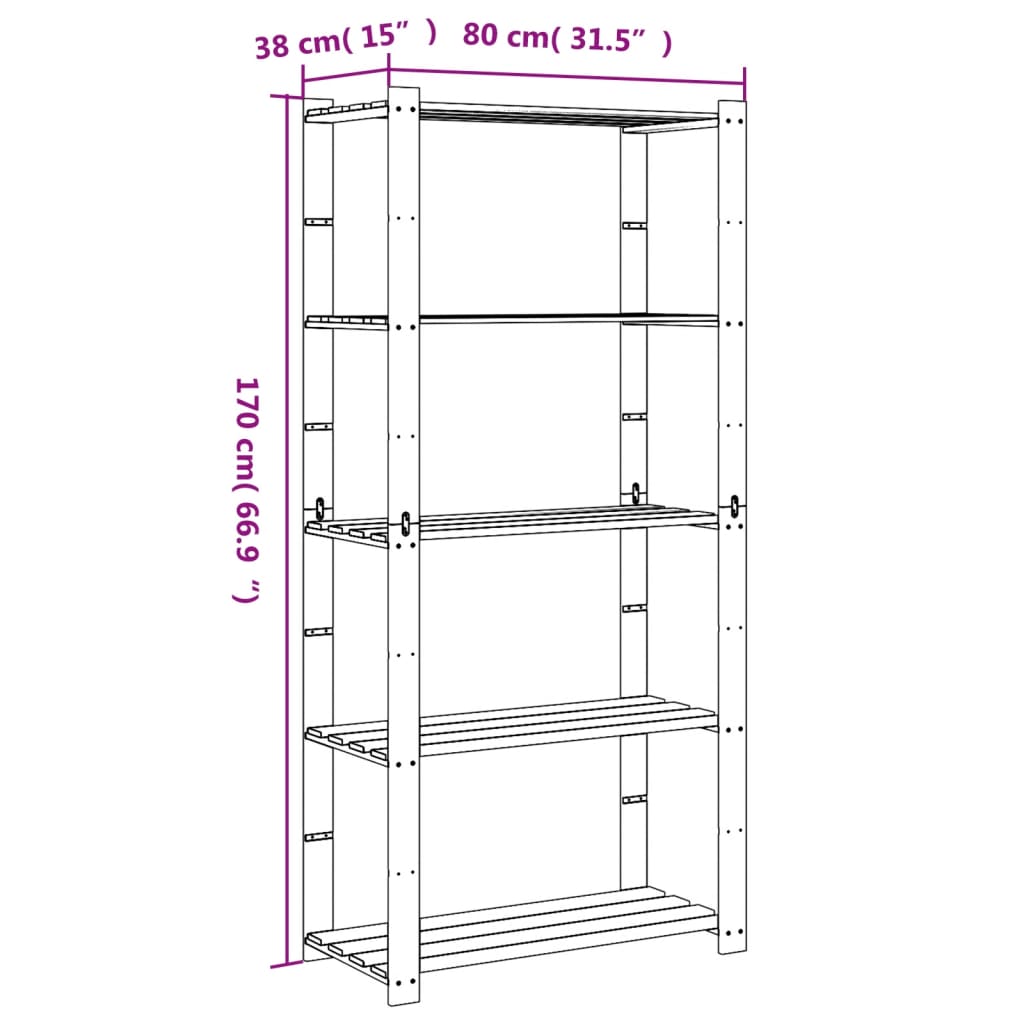 Stalak za pohranu s 5 razina crni 80x38x170 cm masivna borovina