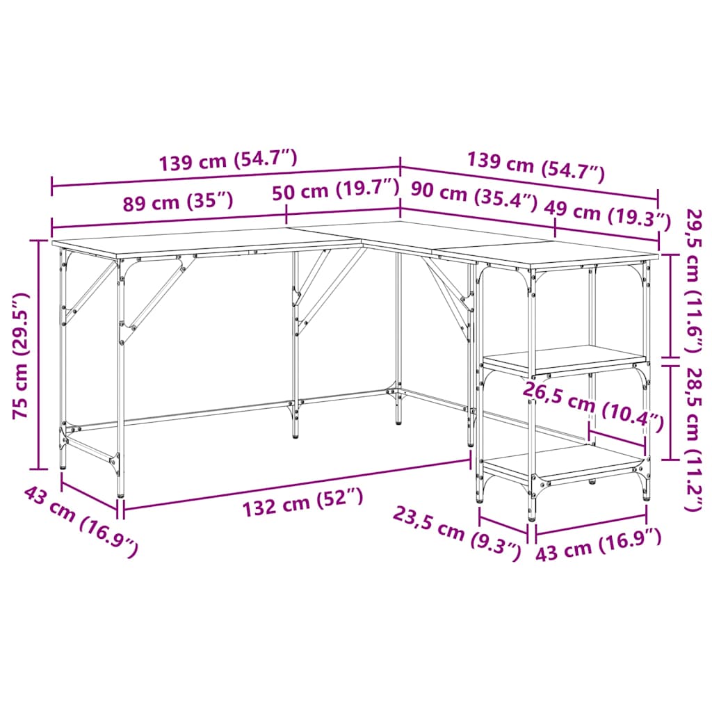 Radni stol boja dimljenog hrasta 139x139x75cm konstruirano drvo