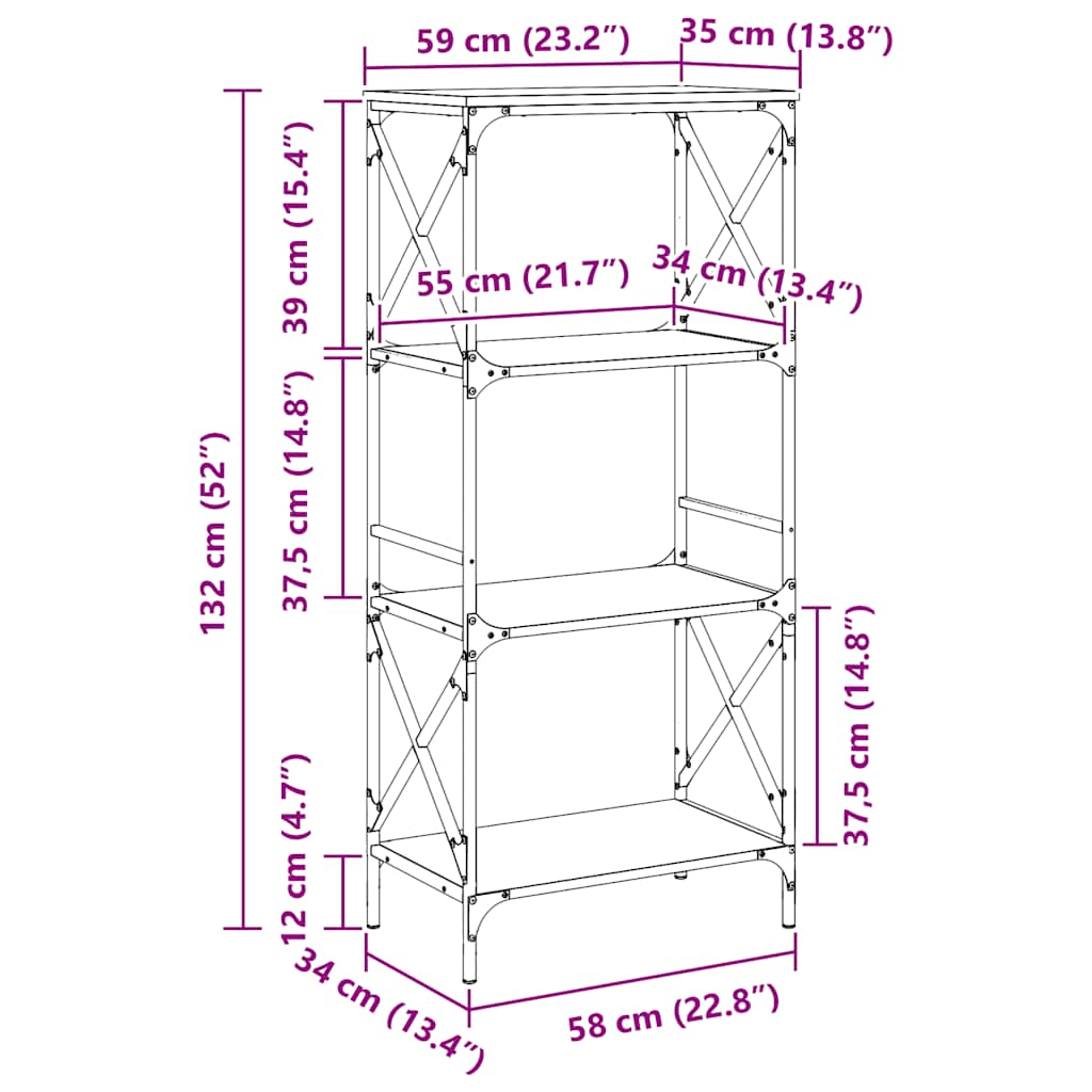 Regal za knjige s 4 razine boja hrasta 59 x 35 x 132 cm drveni