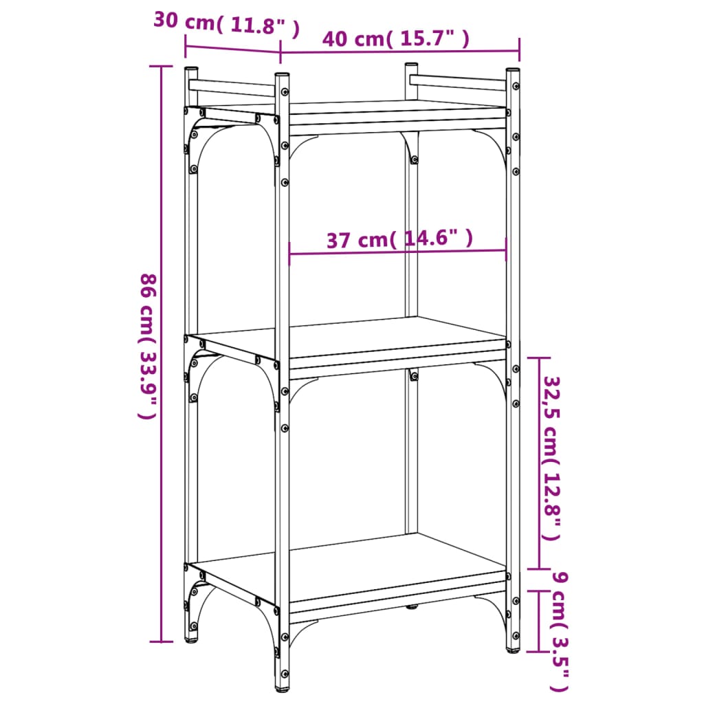 Regal za knjige s 3 razine siva boja hrasta 40x30x86 cm drveni