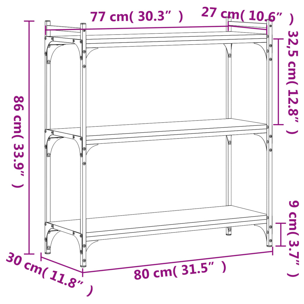Regal za knjige s 3 razine siva boja hrasta 80x30x86 cm drveni