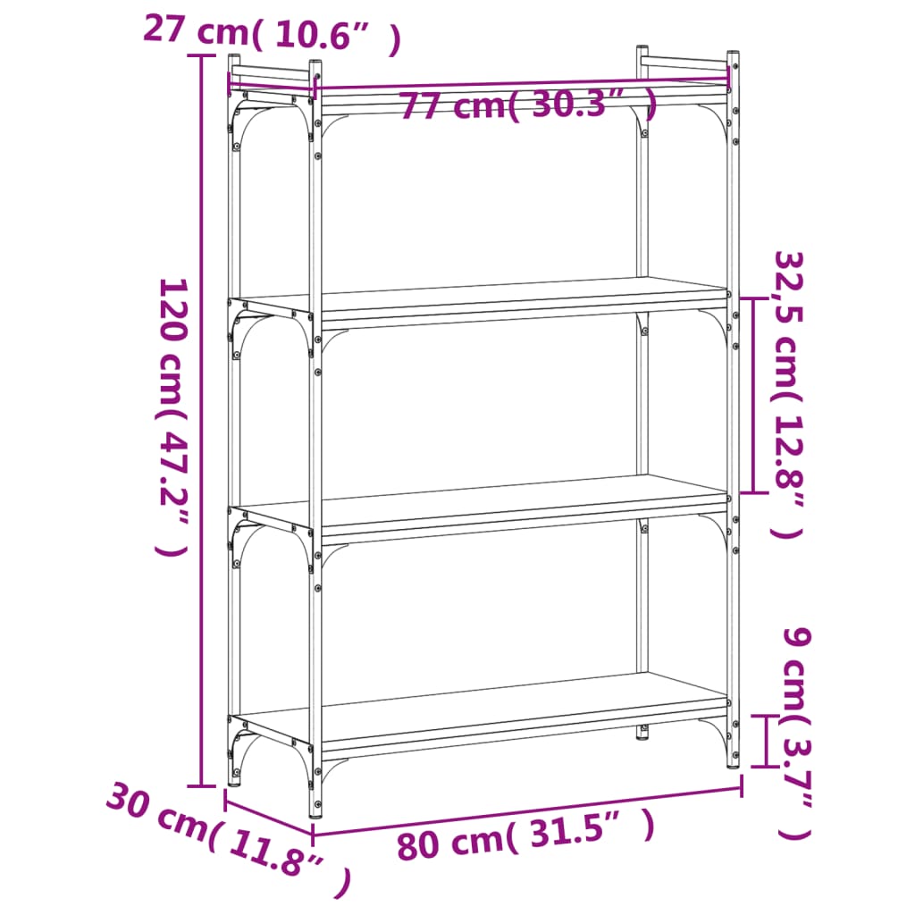 Regal za knjige s 4 razine siva boja hrasta 80x30x120 cm drveni