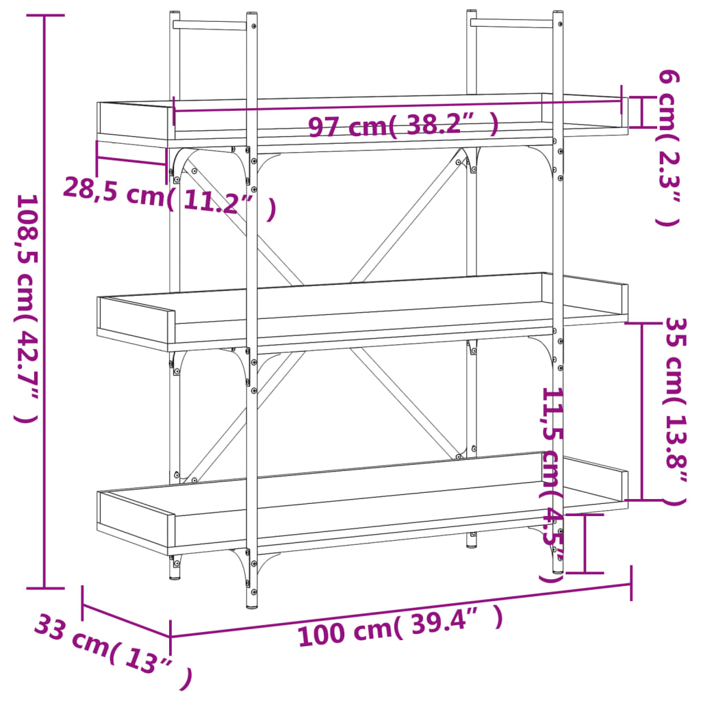 Regal za knjige 3 razine crni 100x33x108,5 cm konstruirano drvo