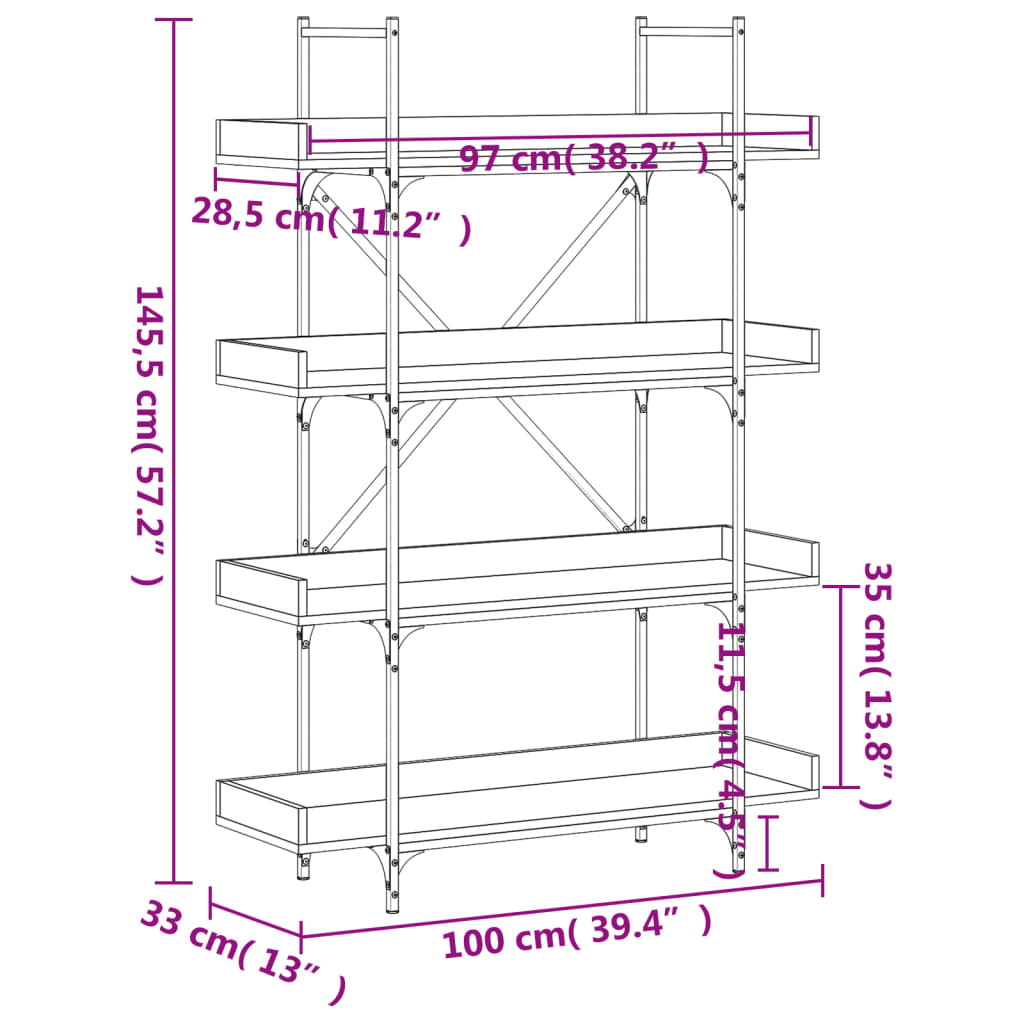 Regal za knjige 4 razine crni 100x33x145,5 cm konstruirano drvo
