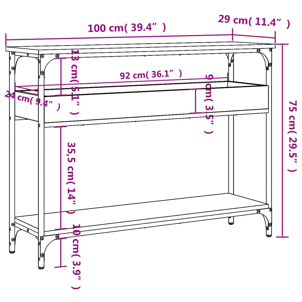 Konzolni stol s policama crni 100x29x75 cm konstruirano drvo