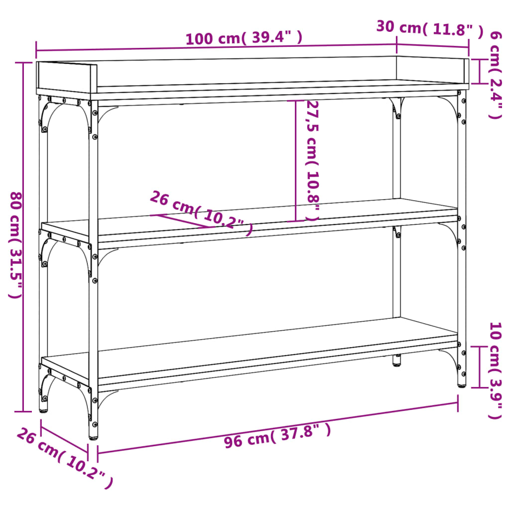 Konzolni stol s policama boja dimljenog hrasta 100 x 30 x 80 cm