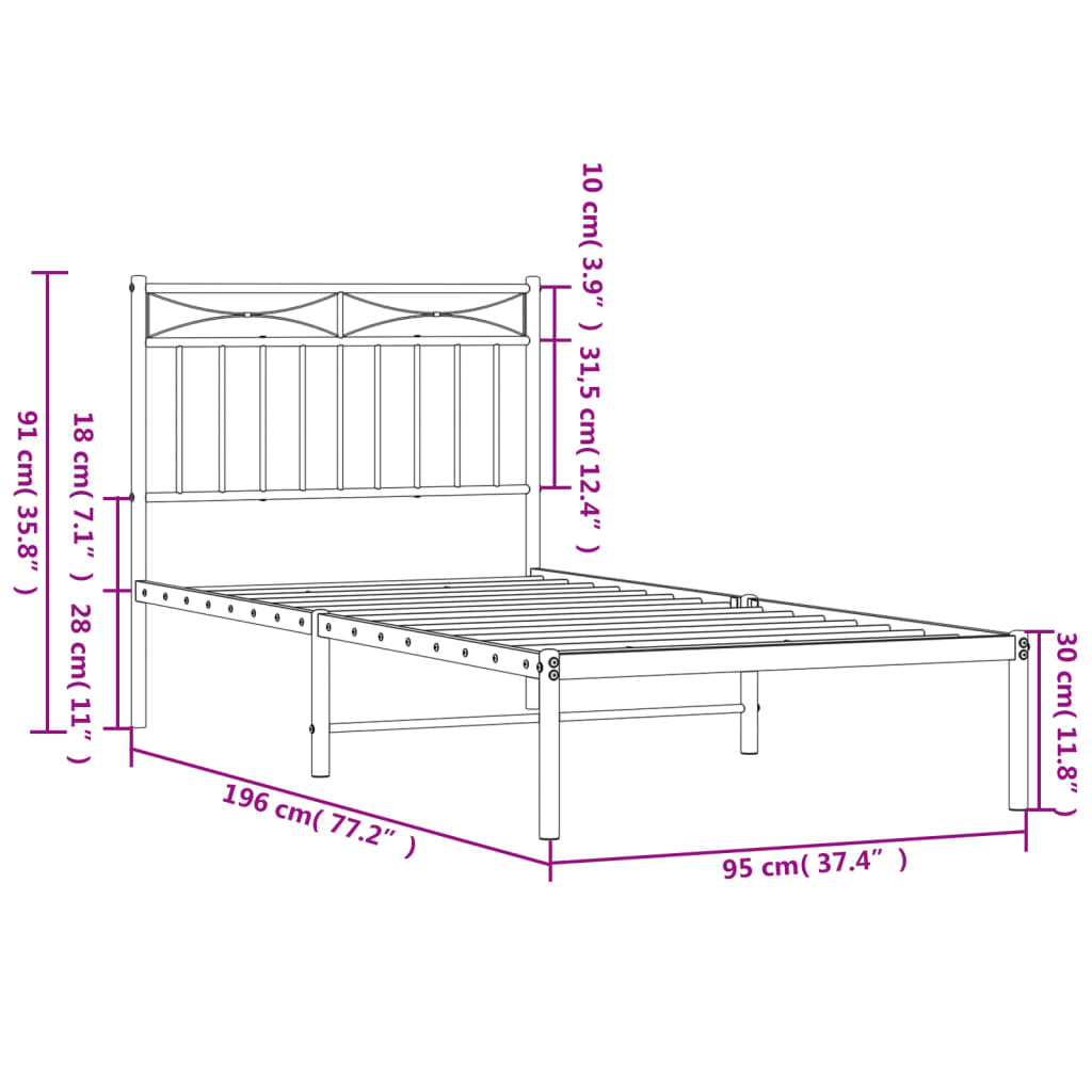 Metalni okvir za krevet s uzglavljem crni 90x190 cm