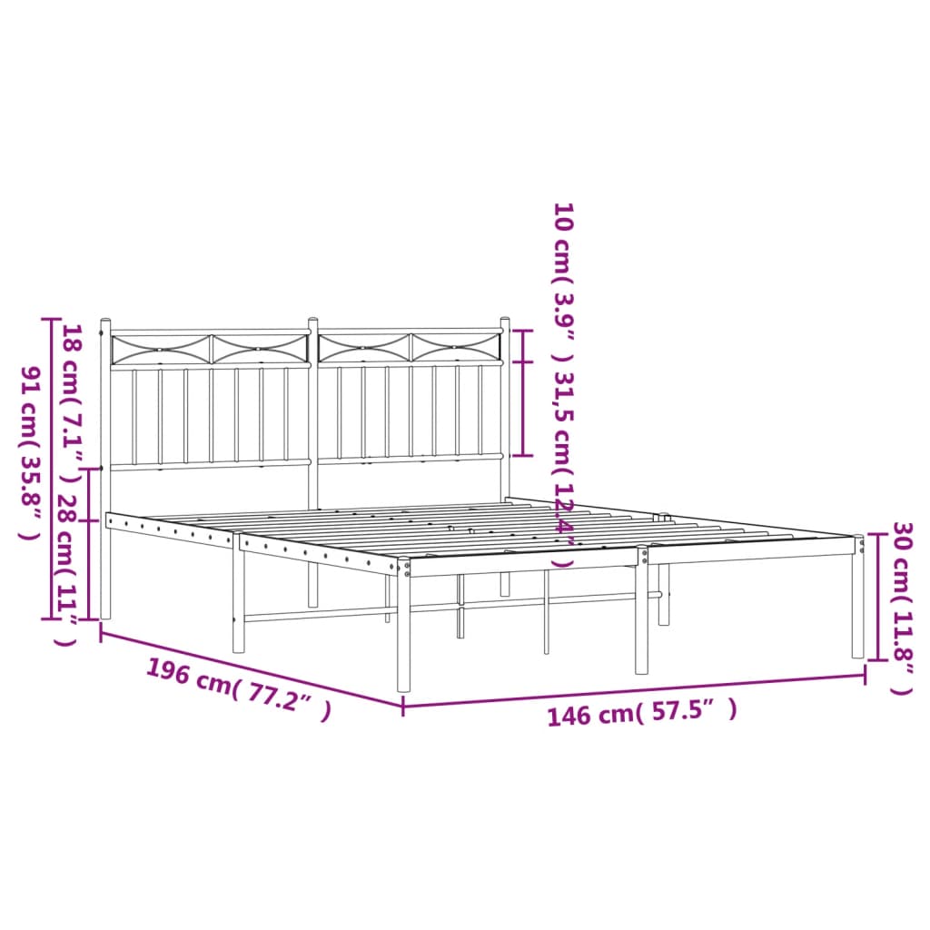 Metalni okvir za krevet s uzglavljem crni 140x190 cm