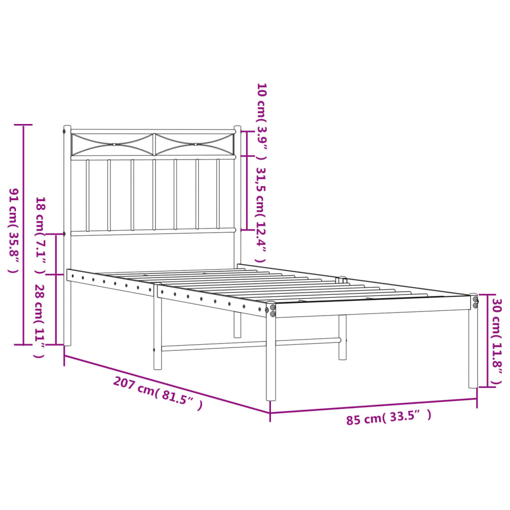 Metalni okvir za krevet s uzglavljem bijeli 80x200 cm