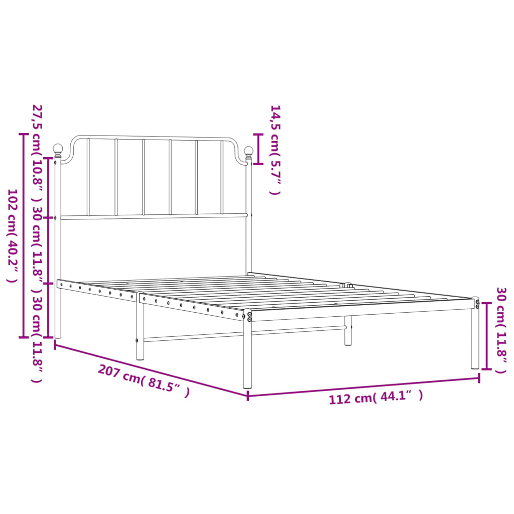 Metalni okvir za krevet s uzglavljem bijeli 107x203 cm