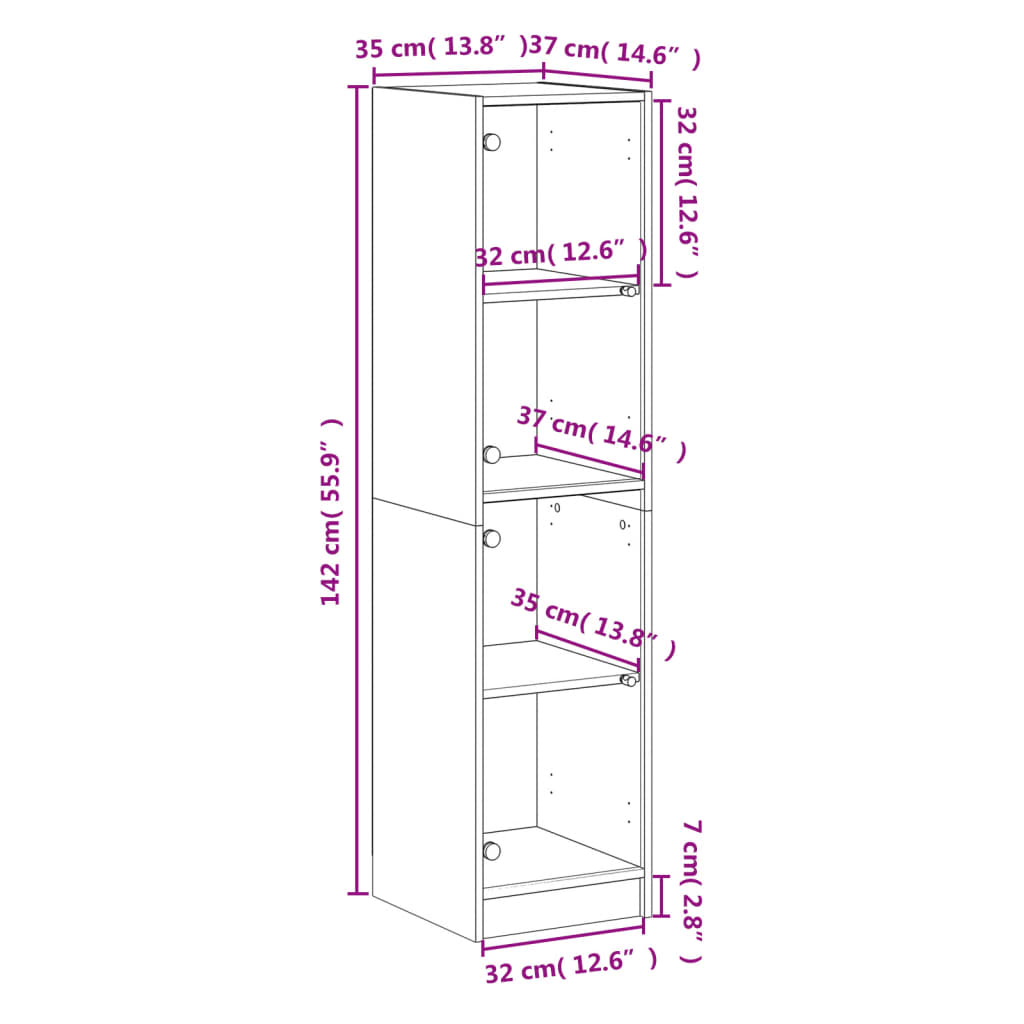 Visoka komoda sa staklenim vratima boja betona 35 x 37 x 142 cm